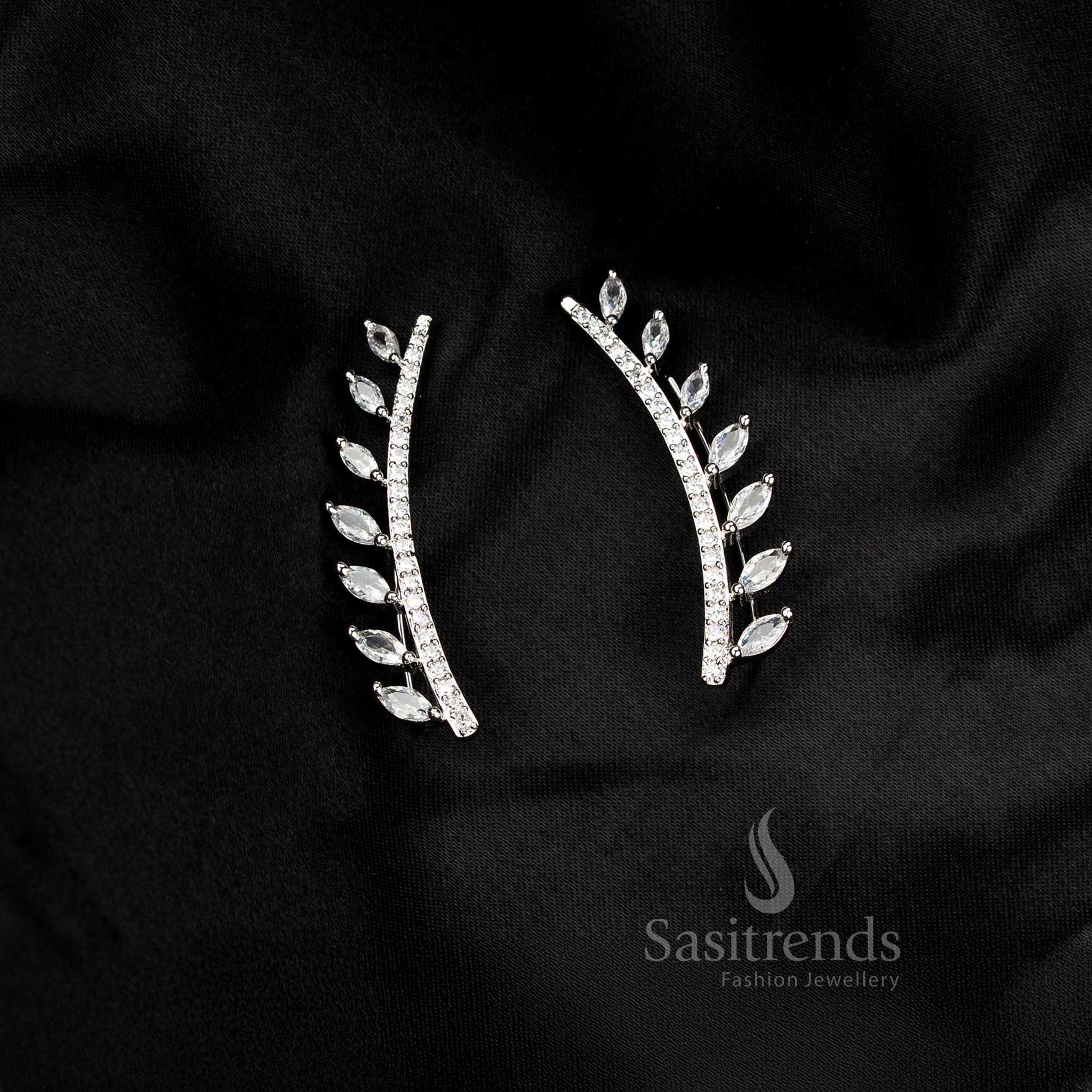 Sparkling silver AD leaf vine style ear climber cuff earrings ideal for festive outfits and contemporary fashion wear – Sasitrends