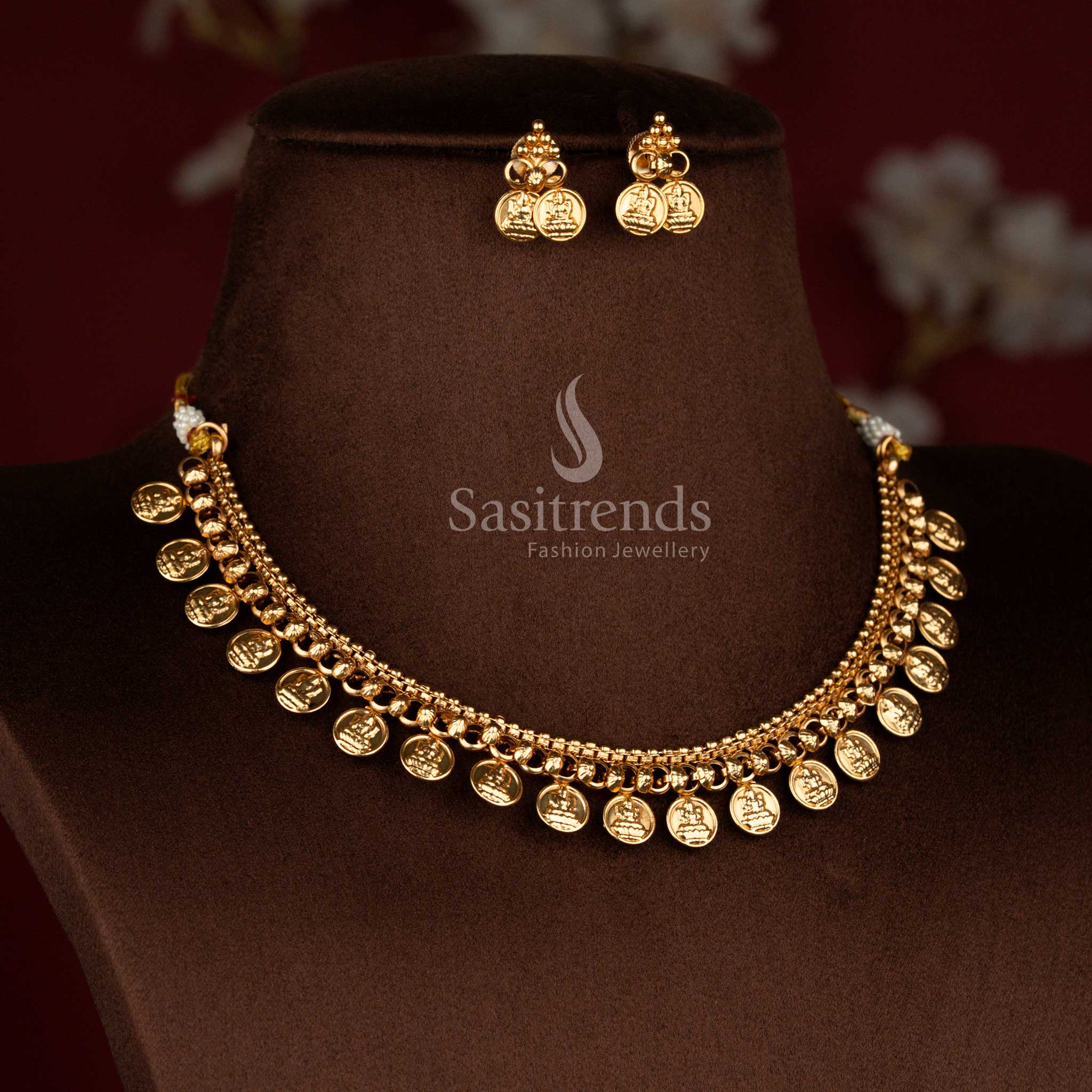Sasitrends divine classic matte gold plated Lakshmi coin layered structured temple necklace jewellery set
