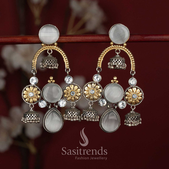 Sasitrends oxidised silver plated floral chandelier jhumka earrings with white Monalisa stone detailing and multi dome hangings for party wear
