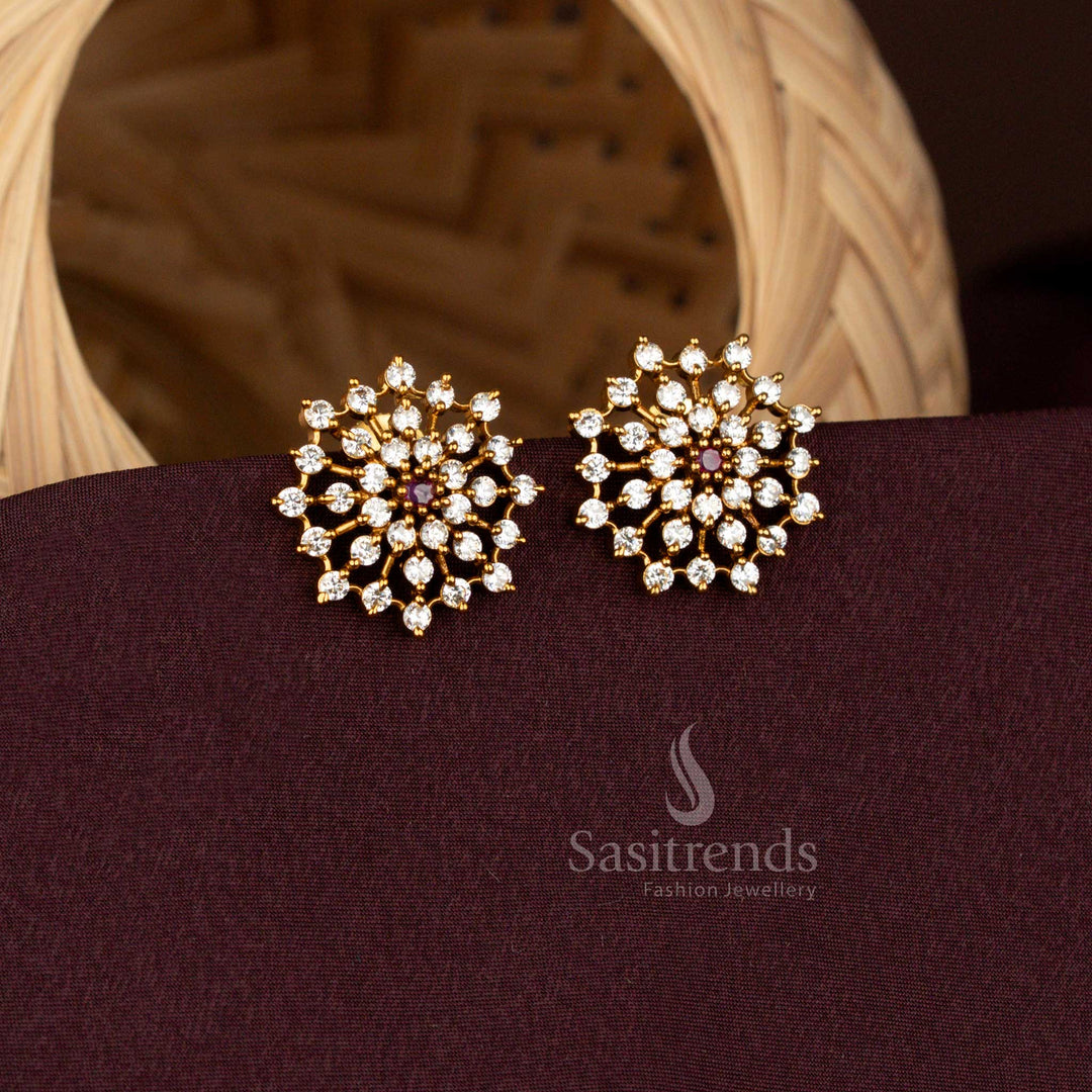 Regal white ruby temple floral stud earrings crafted in matte gold with ornate AD stone brilliance, celestial artistry, and splendid heritage bridal refinement – Sasitrends