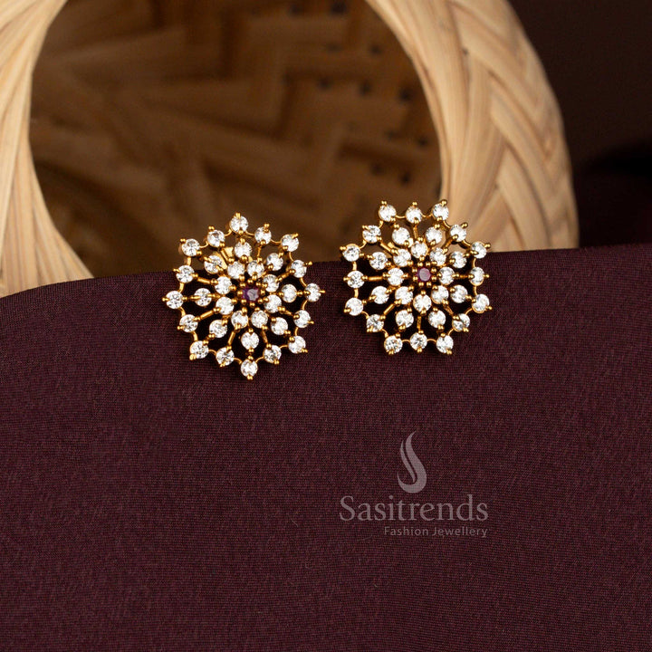 Traditional Matte Gold Plated Temple Wear AD Stone Floral Stud Earrings For Festive Wear