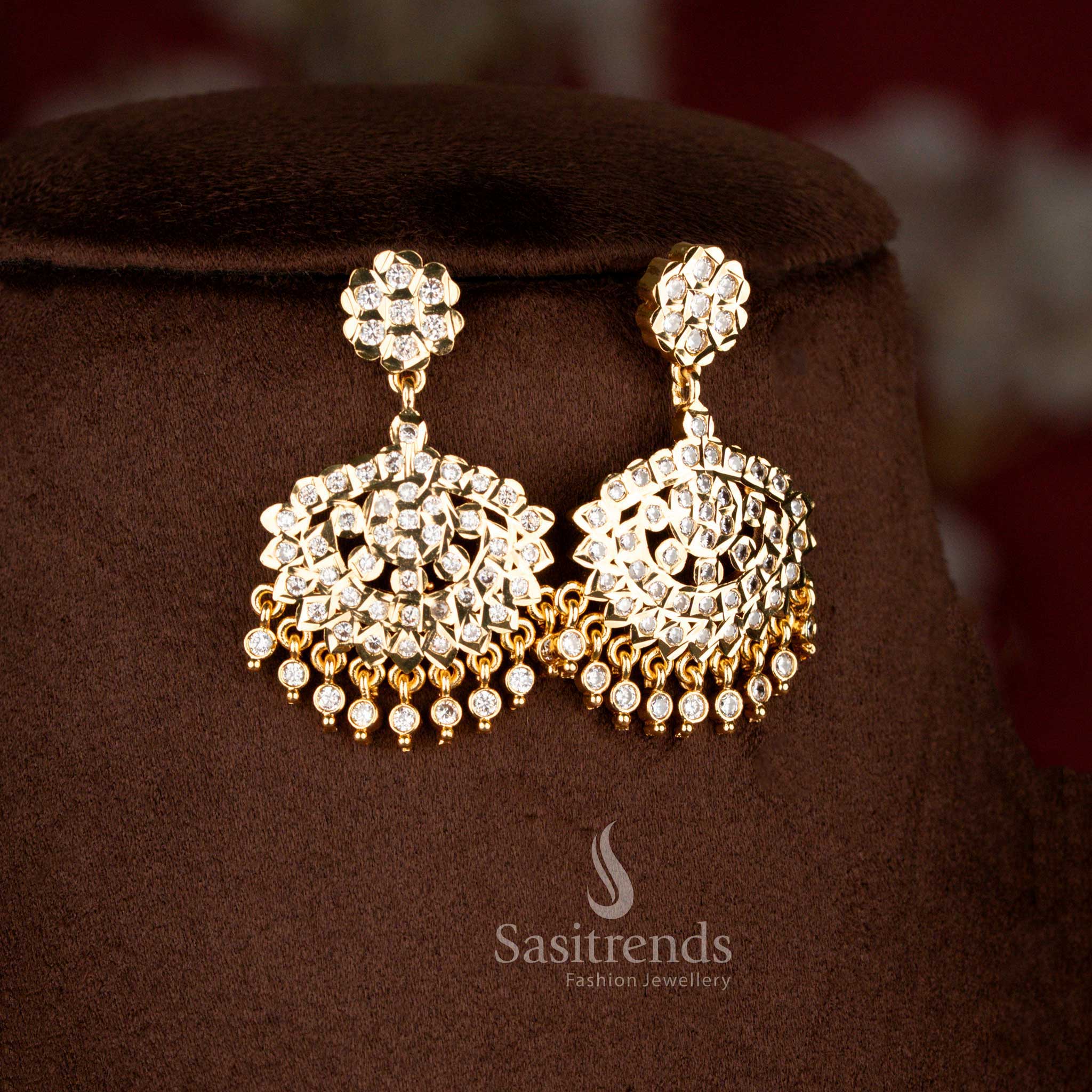 Traditional Impon Addigai micro gold plated necklace with white AD stone detailing, featuring a structured linked chain design and traditional dome pendant by Sasitrends
