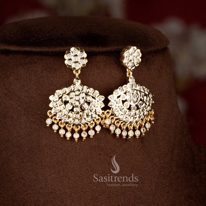 Traditional Impon Addigai micro gold plated necklace with white AD stone detailing, featuring a structured linked chain design and traditional dome pendant by Sasitrends

