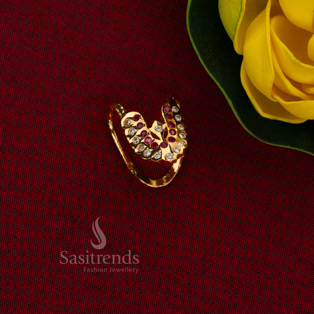 Sasitrends Impon gati micro gold plated ring with curved dual leaf design and white ruby AD stone detailing