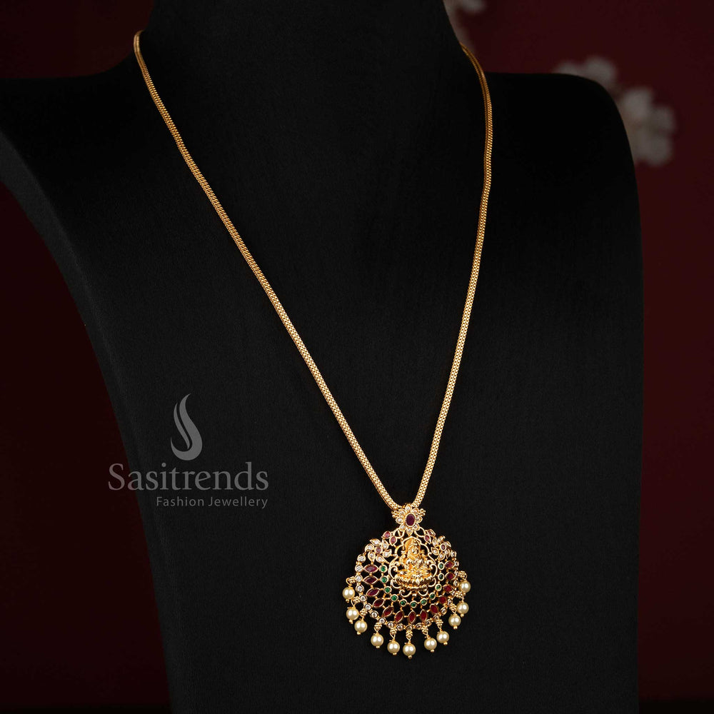 Sasitrends one gram micro gold plated multi AD stone Lakshmi temple necklace with circular halo design and pearl fringe 
