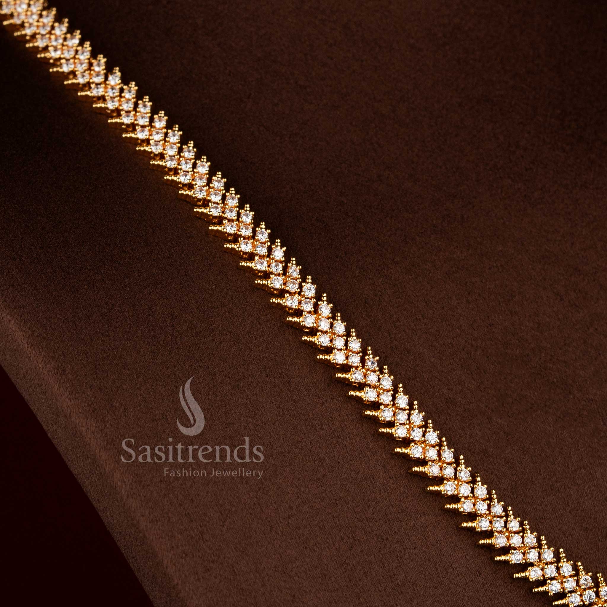 Sasitrends micro gold plated American Diamond white AD stone long necklace jewellery set with geometric chain design