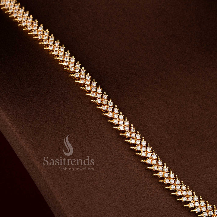 Sasitrends micro gold plated American Diamond white AD stone long necklace jewellery set with geometric chain design