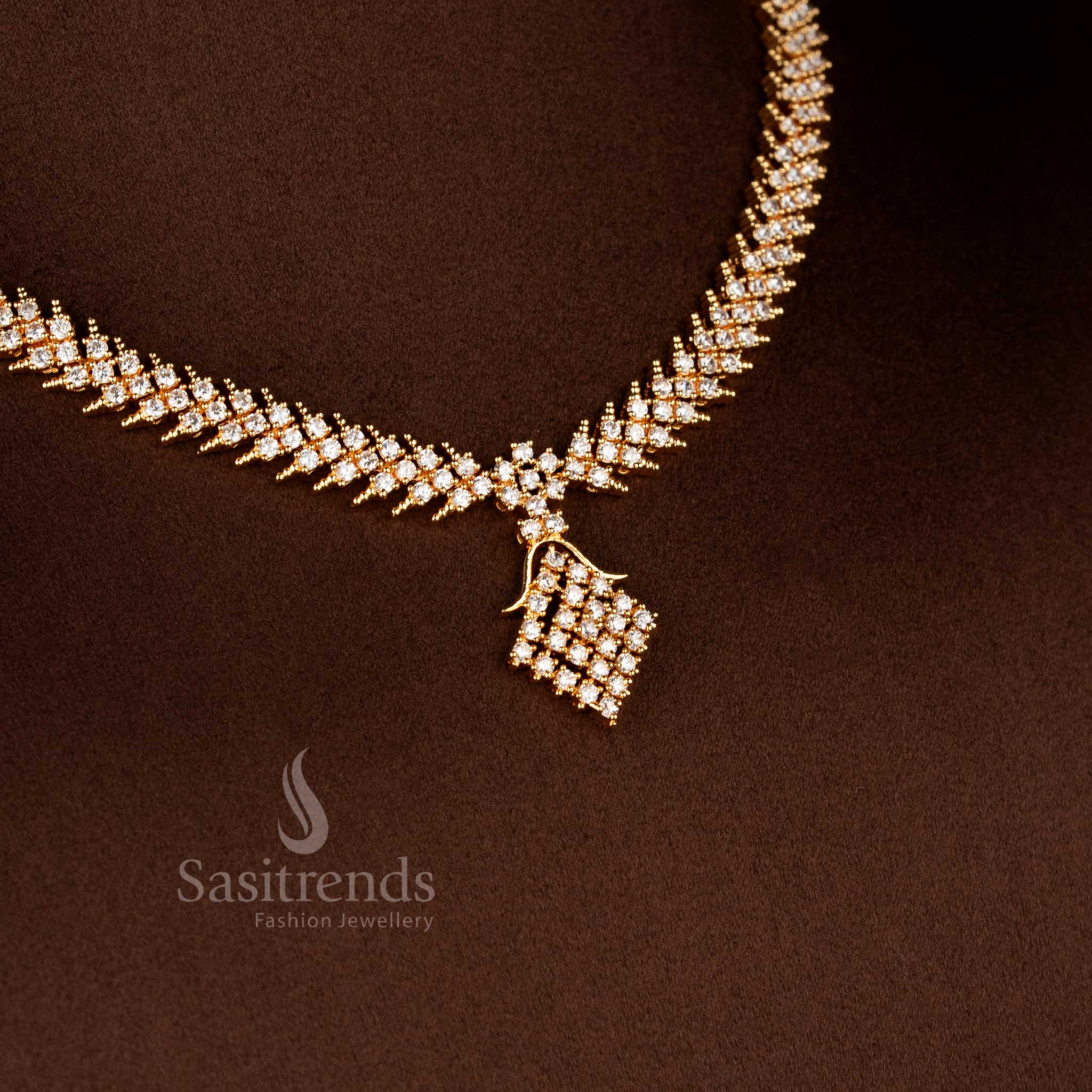 Sasitrends micro gold plated American Diamond white AD stone short necklace jewellery set with geometric chain design