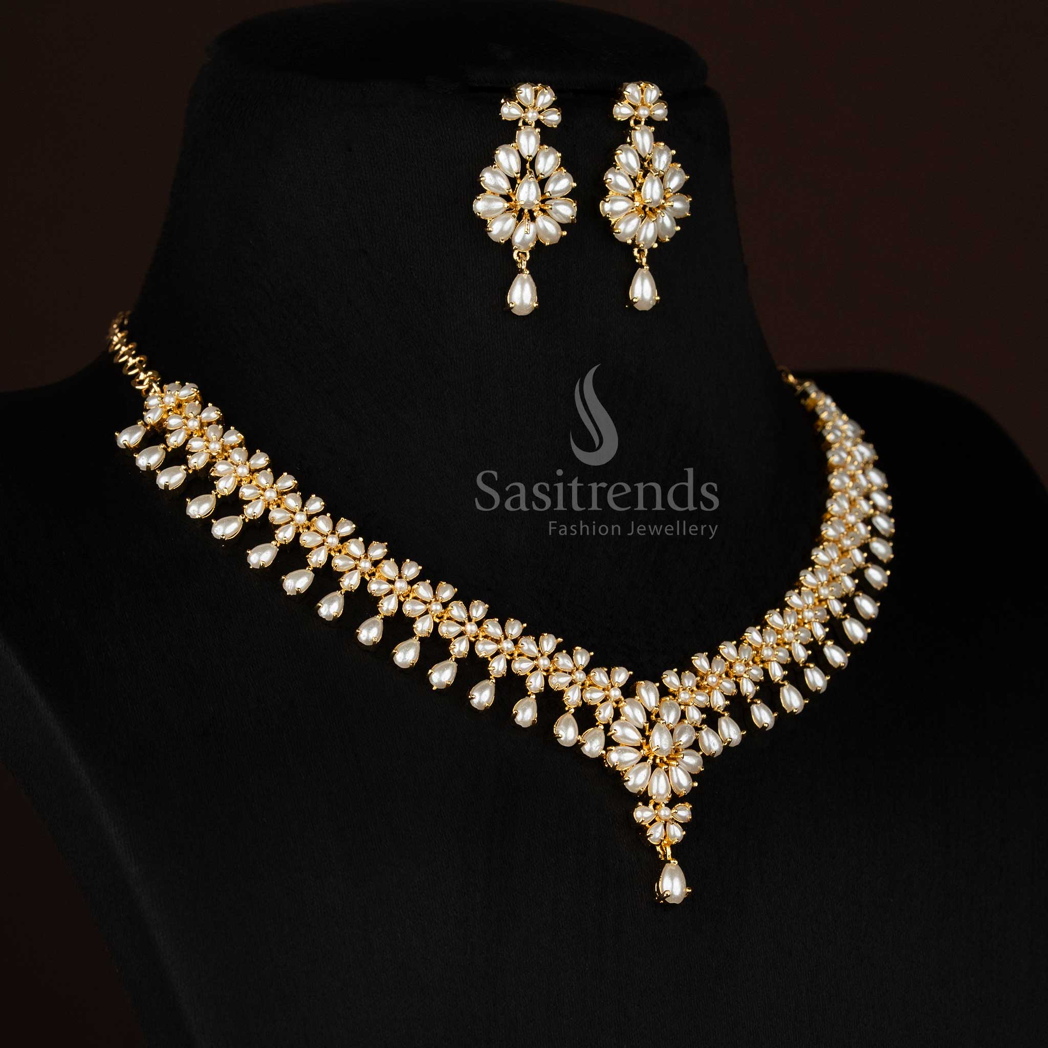 Sasitrends micro gold plated pearl cluster necklace set suitable for party wear and weddings