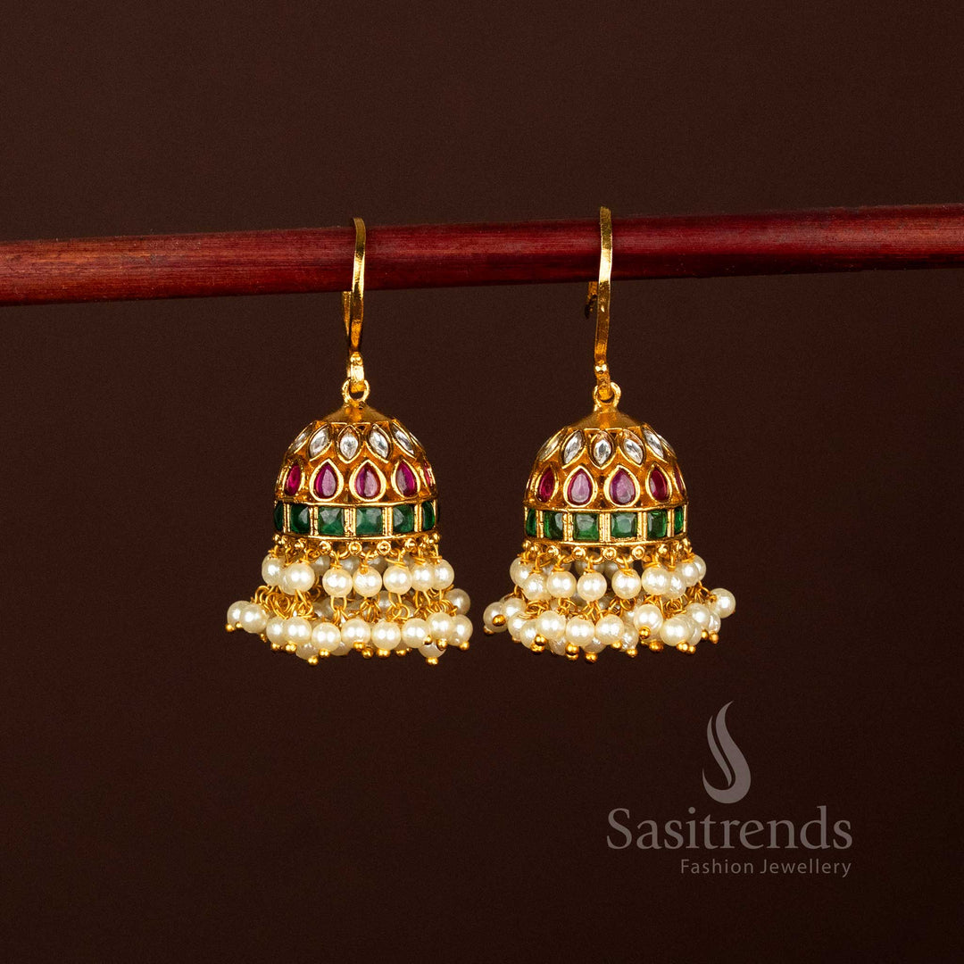 2.	Premium Temple Matte Gold Bell Jhumka Earrings with AD Kemp Stones and Pearl Accents - Sasitrends