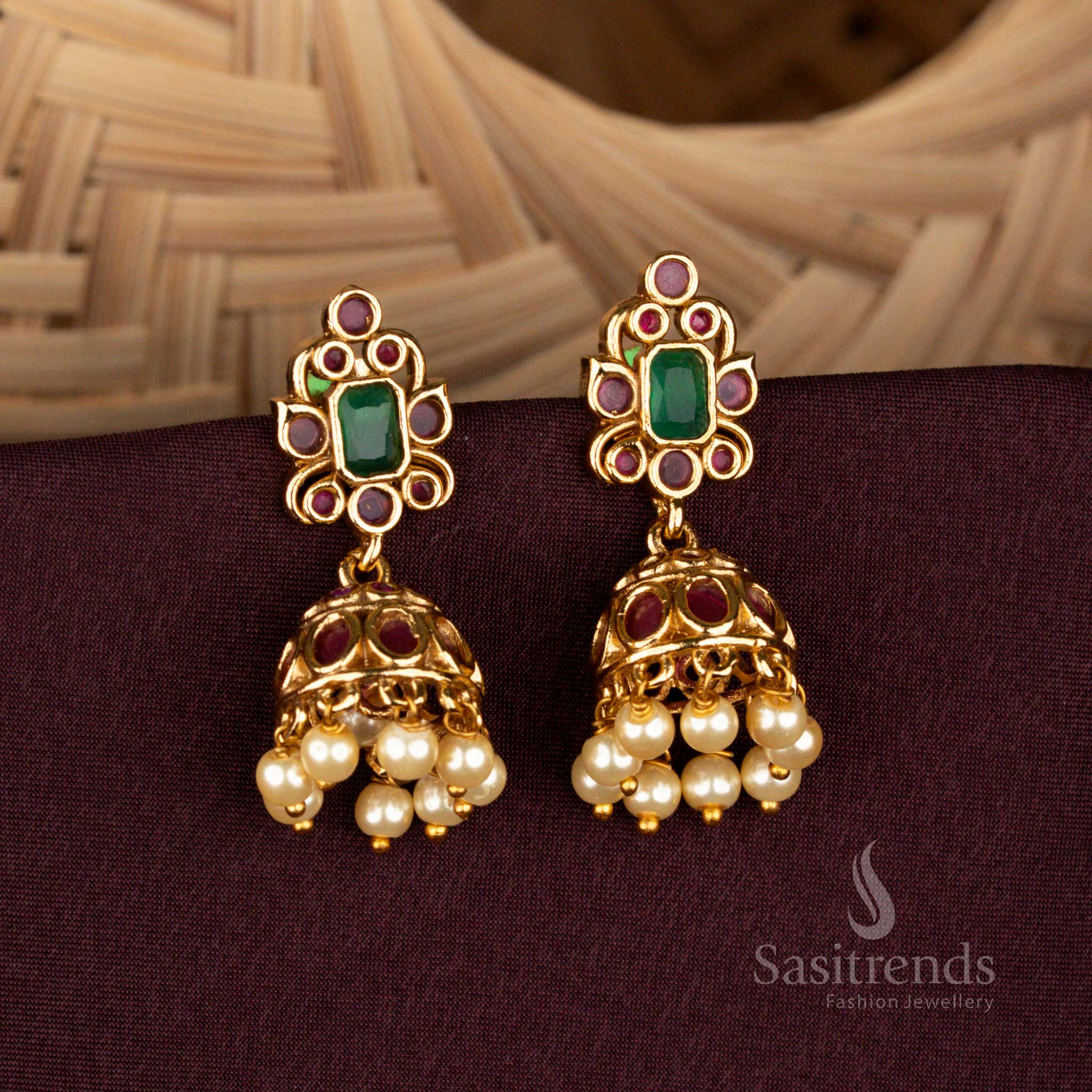 Temple jewellery matte gold plated jhumkas with ruby and pearl drops - Sasitrends