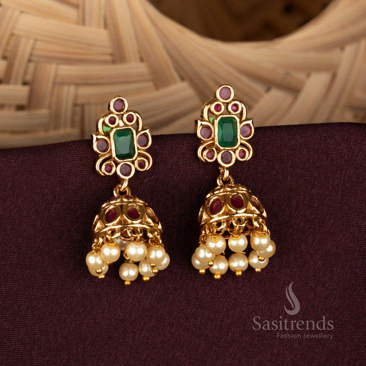 Traditional Wear Premium Temple Matte Gold Plated AD Stone Pearl Jhumkas