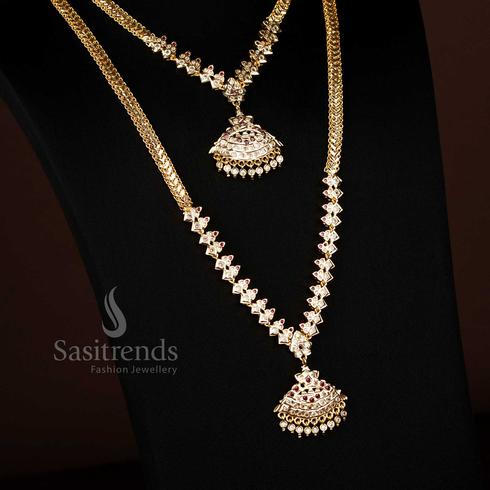 Opulent traditional Impon long short necklace jewellery set in micro gold plating with white ruby shimmer stones and elegant earrings - Sasitrends