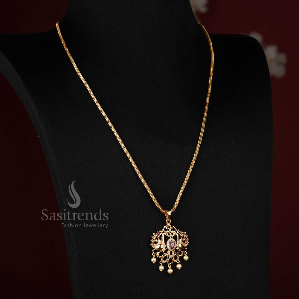 Sasitrends real gold look micro gold plated dual peacock motif multi AD stone pendant chain necklace with hanging drop elements 