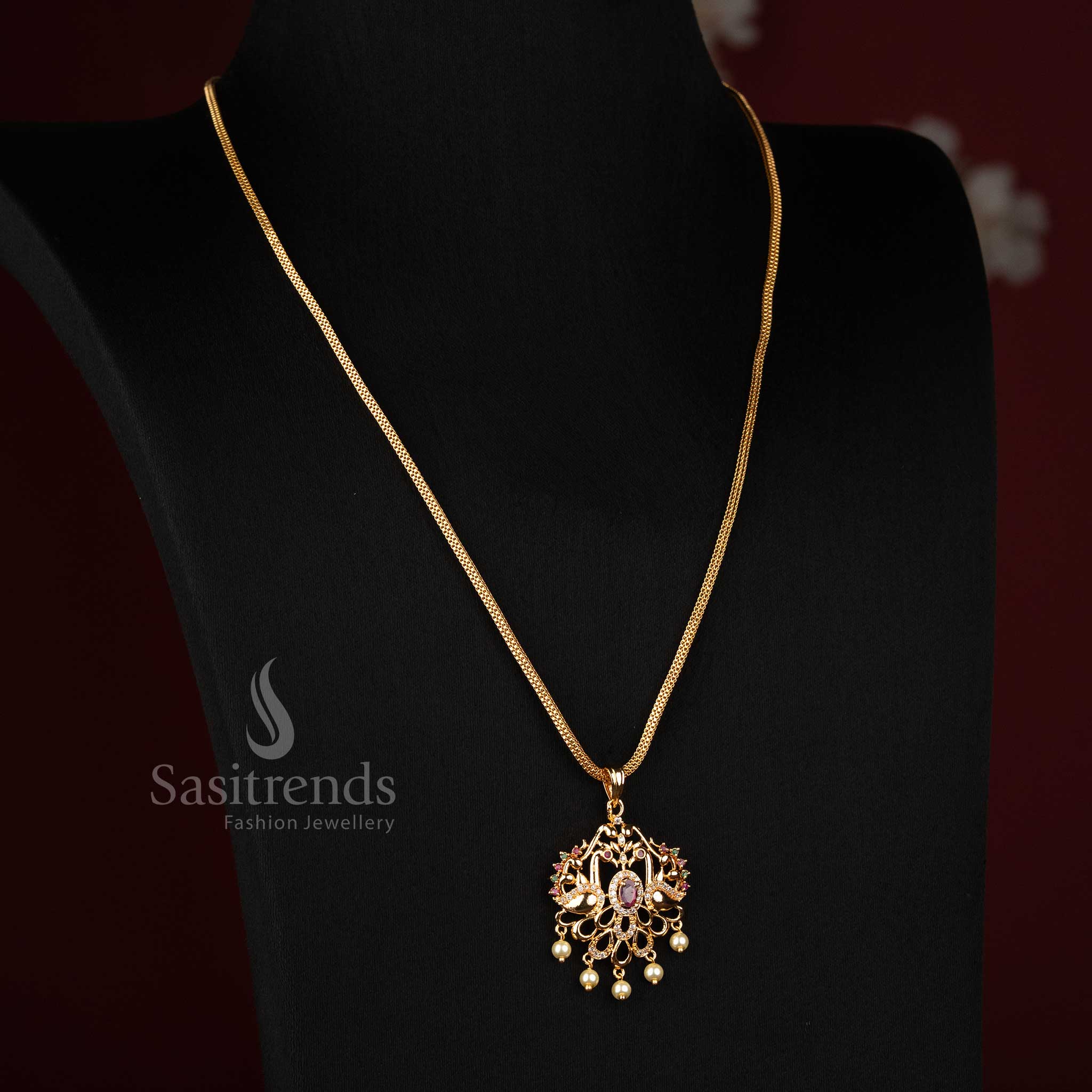 Sasitrends real gold look micro gold plated dual peacock motif multi AD stone pendant chain necklace with hanging drop elements 