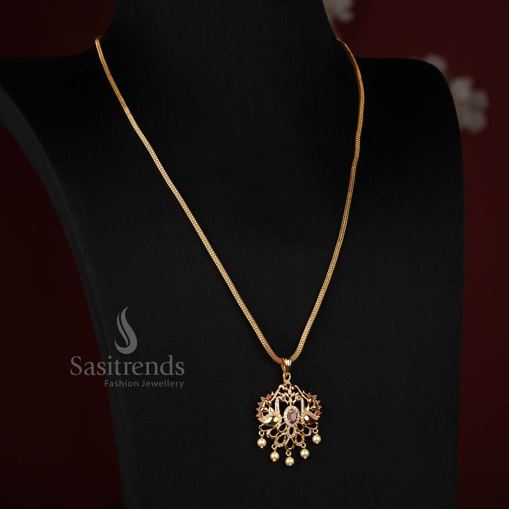 Sasitrends real gold look micro gold plated dual peacock motif multi AD stone pendant chain necklace with hanging drop elements 