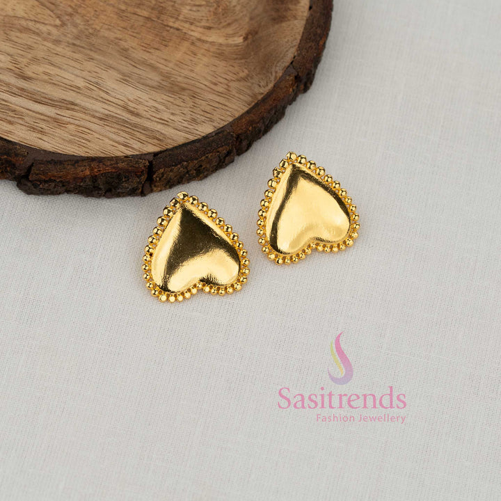 Charming Trendy Gold Plated Beaded Heart Granulation Stud Earrings for Office Wear, College Styling, Casual Outings