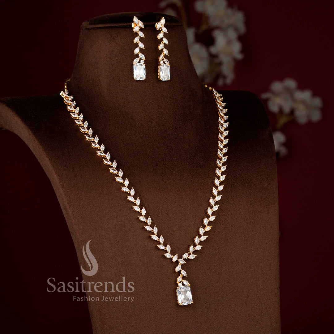 Sasitrends white American Diamond long micro gold plated leaf link necklace set with structured rectangular drop pendant