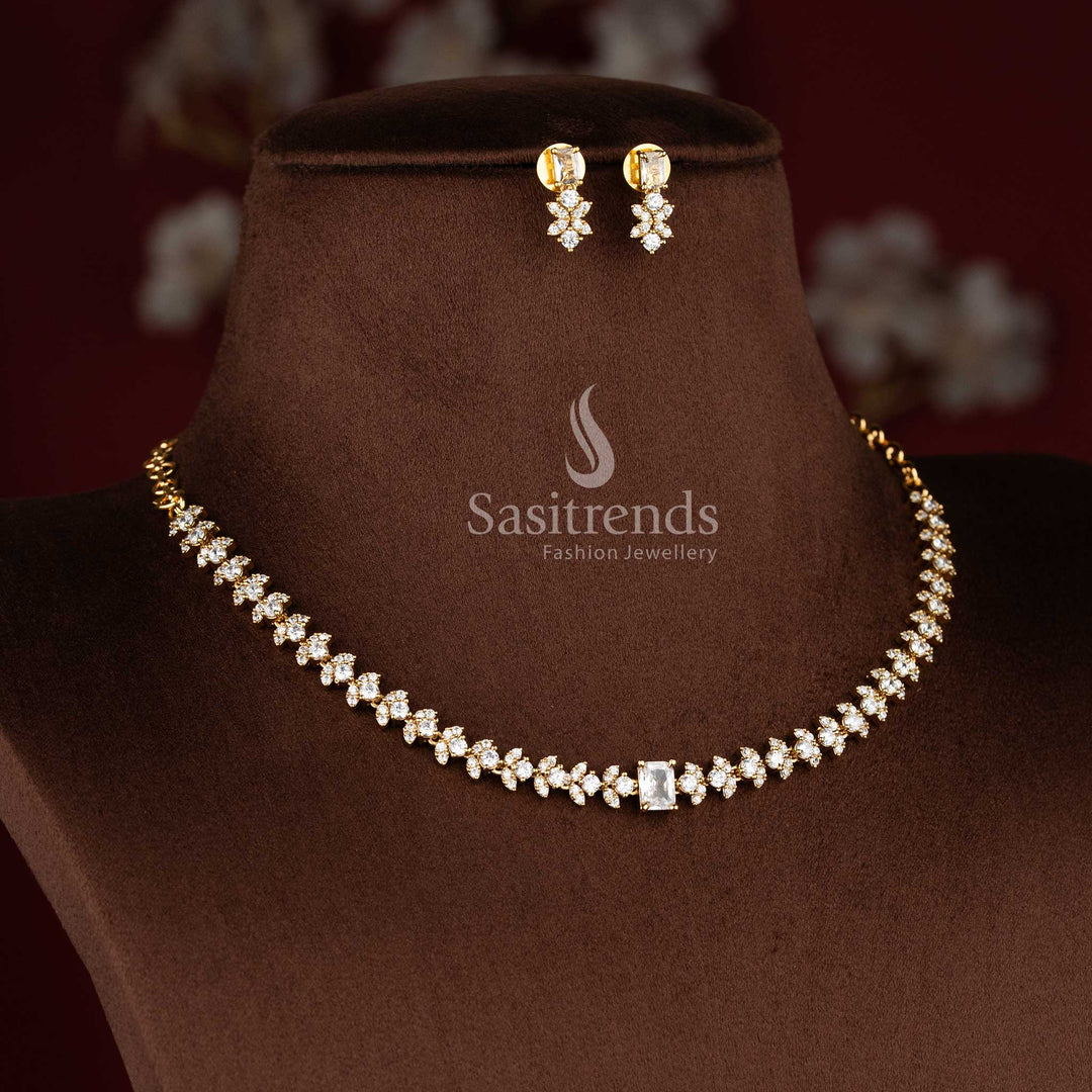 Sasitrends white American Diamond matte gold plated floral cluster necklace jewellery set with square centre AD stone and matching drop earrings