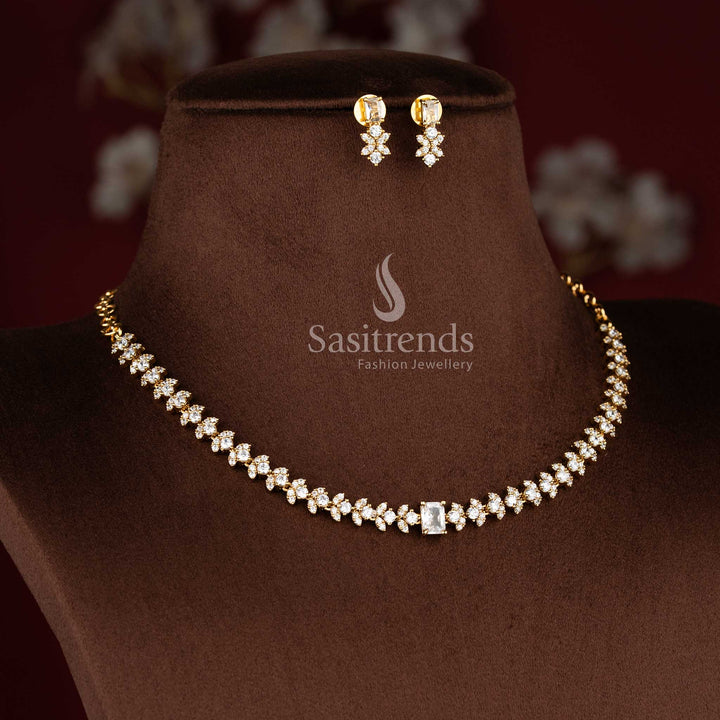 Charming American Diamond Matte Gold Plated Floral Cluster Necklace Jewellery Set with Square Centre Stone | Elegant Party Wear, Wedding & Festive Necklace Set