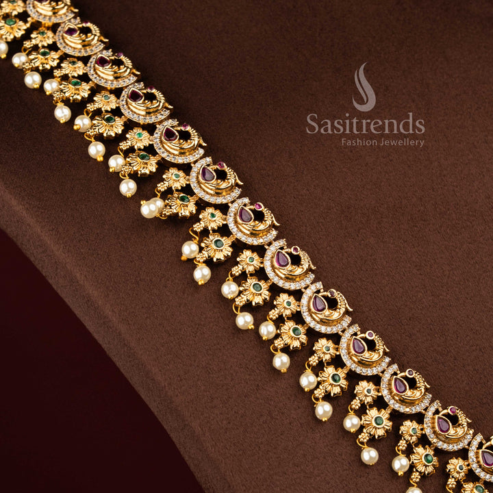 Sasitrends bridal temple matte gold plated peacock floral multi American diamond long necklace jewellery set crafted with rich ethnic craftsmanship for weddings and reception styling