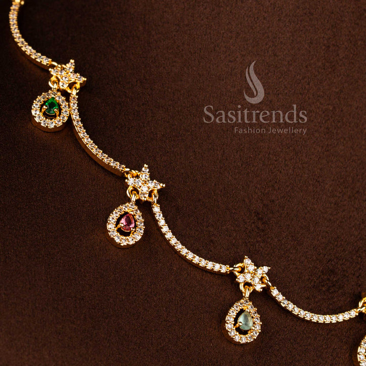 Heritage American diamond micro gold plated scalloped teardrop interlinked rhombus floral necklace crafted in vibrant multi colour finish for saree styling – Sasitrends