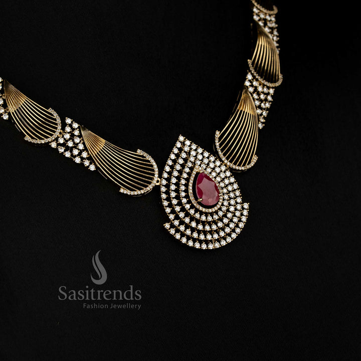 Crimson Ivory mehendi gold plated white-ruby AD stone teardrop necklace showcasing dual colour brilliance for party elegance and celebrations – Sasitrends