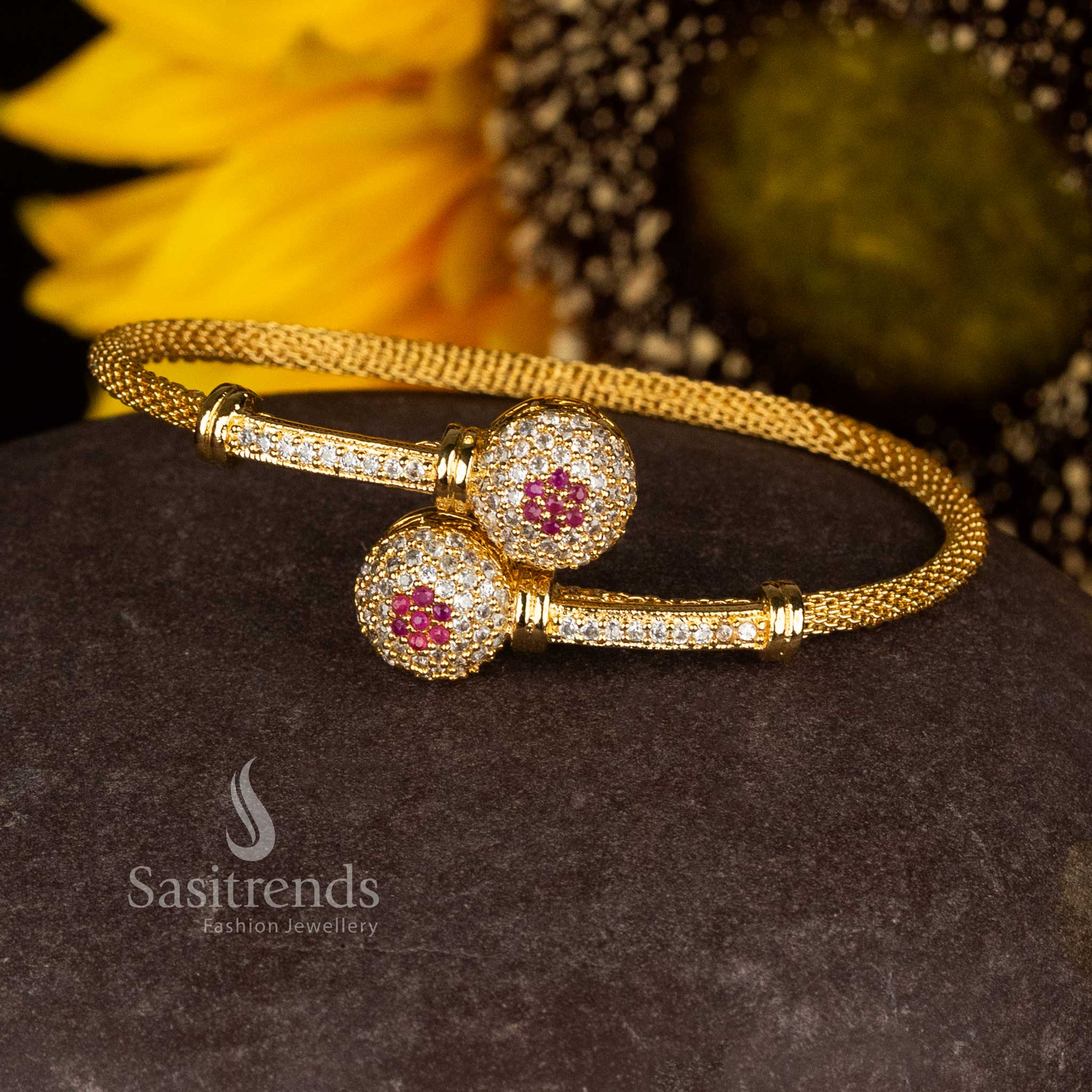 Shimmering white-ruby micro gold plated stone bracelet adorned with bright stones for wedding and festive celebrations – Sasitrends