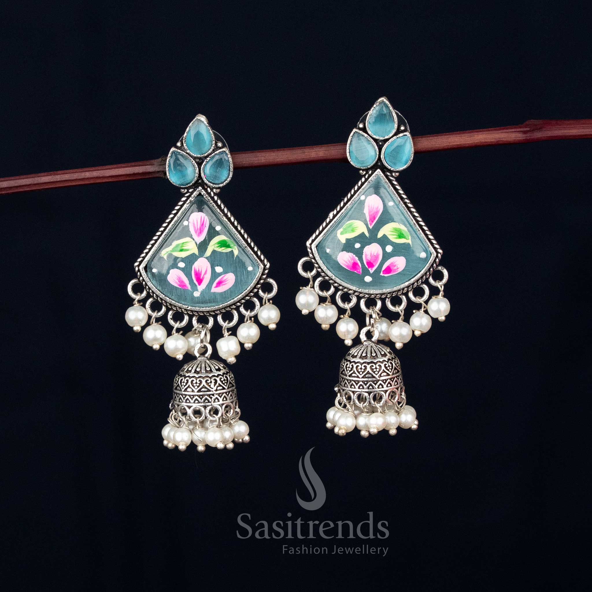 Ocean mist oxidised aqua-blue Monalisa triangular jhumka earrings with pearl drops for lively Navaratri festive styling – Sasitrends