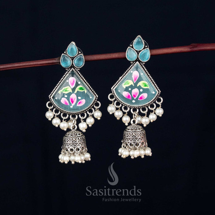 Ocean mist oxidised aqua-blue Monalisa triangular jhumka earrings with pearl drops for lively Navaratri festive styling – Sasitrends