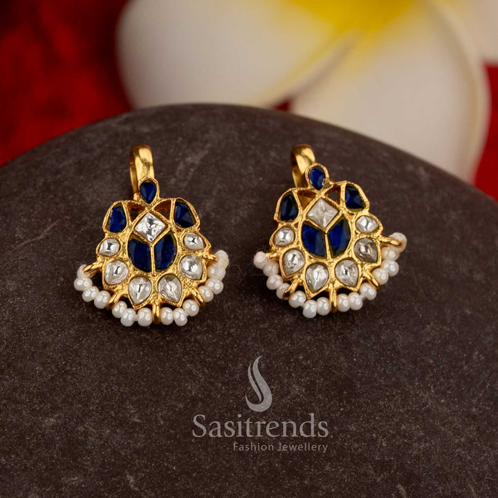 Timeless blue white kundan jadau bugadi ear cuffs highlighting teardrop leaf crescent stones pearls - Sasitrends