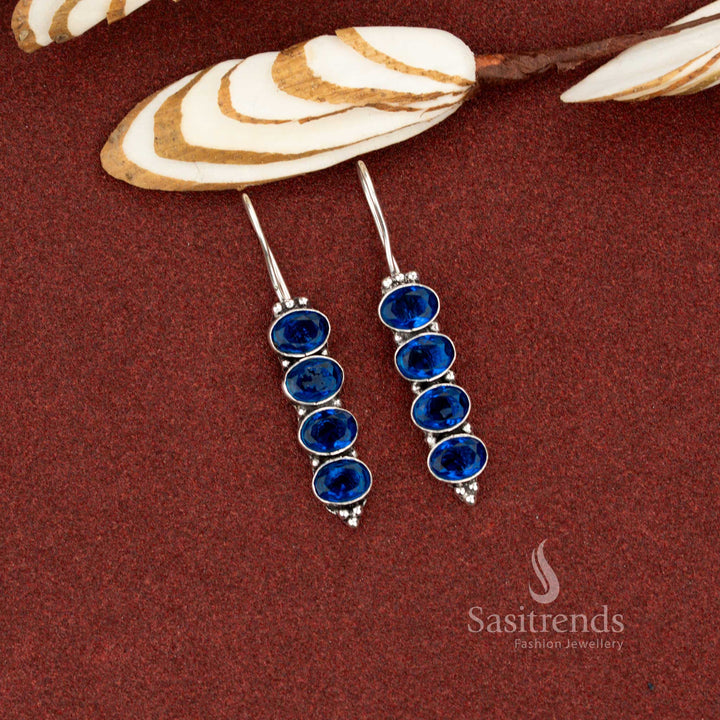 Trendy blue oxidised vertical oval earrings suitable for casual lounges and festive evening events – Sasitrends