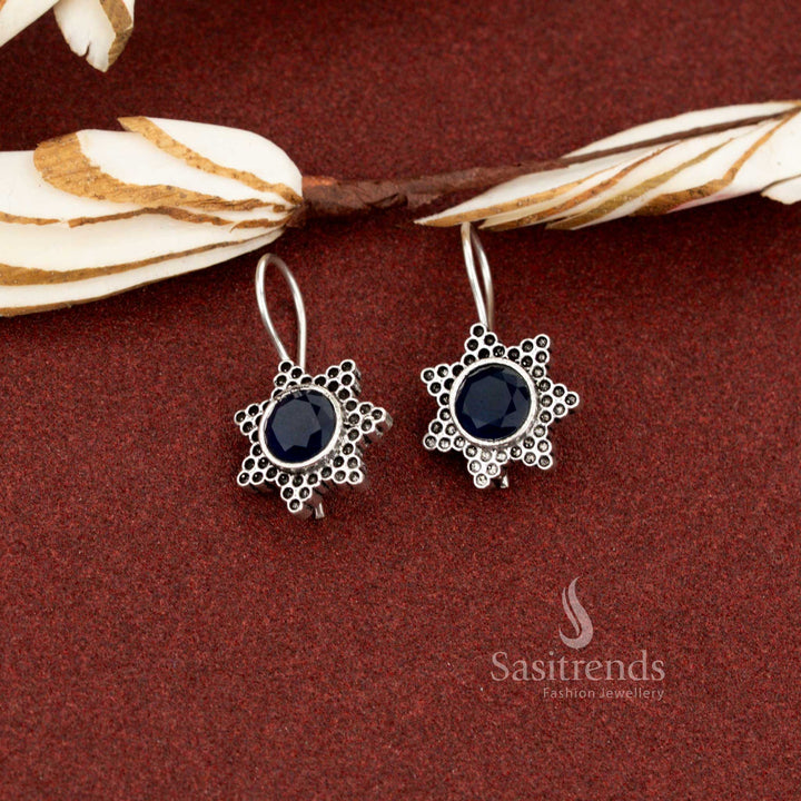 Trendy blue oxidised silver star flower drop earrings perfect for ethnic casual looks, daily wear, and work outfits – Sasitrends