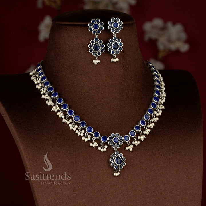Royal blue oxidised stone floral pearl drop necklace jewellery set inspired by heritage structure suited for evening celebrations and festive gatherings – Sasitrends
