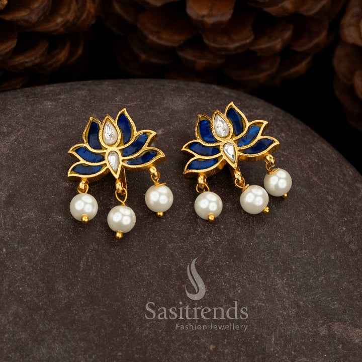 Graceful blue white Jadau gold plated lotus Kundan stone pearl bugadi ear cuff earrings suitable for festive celebrations - Sasitrends