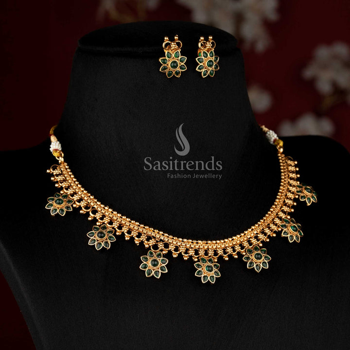 Lush green classic matte gold plated pearl cluster choker necklace set for festive styling – Sasitrends