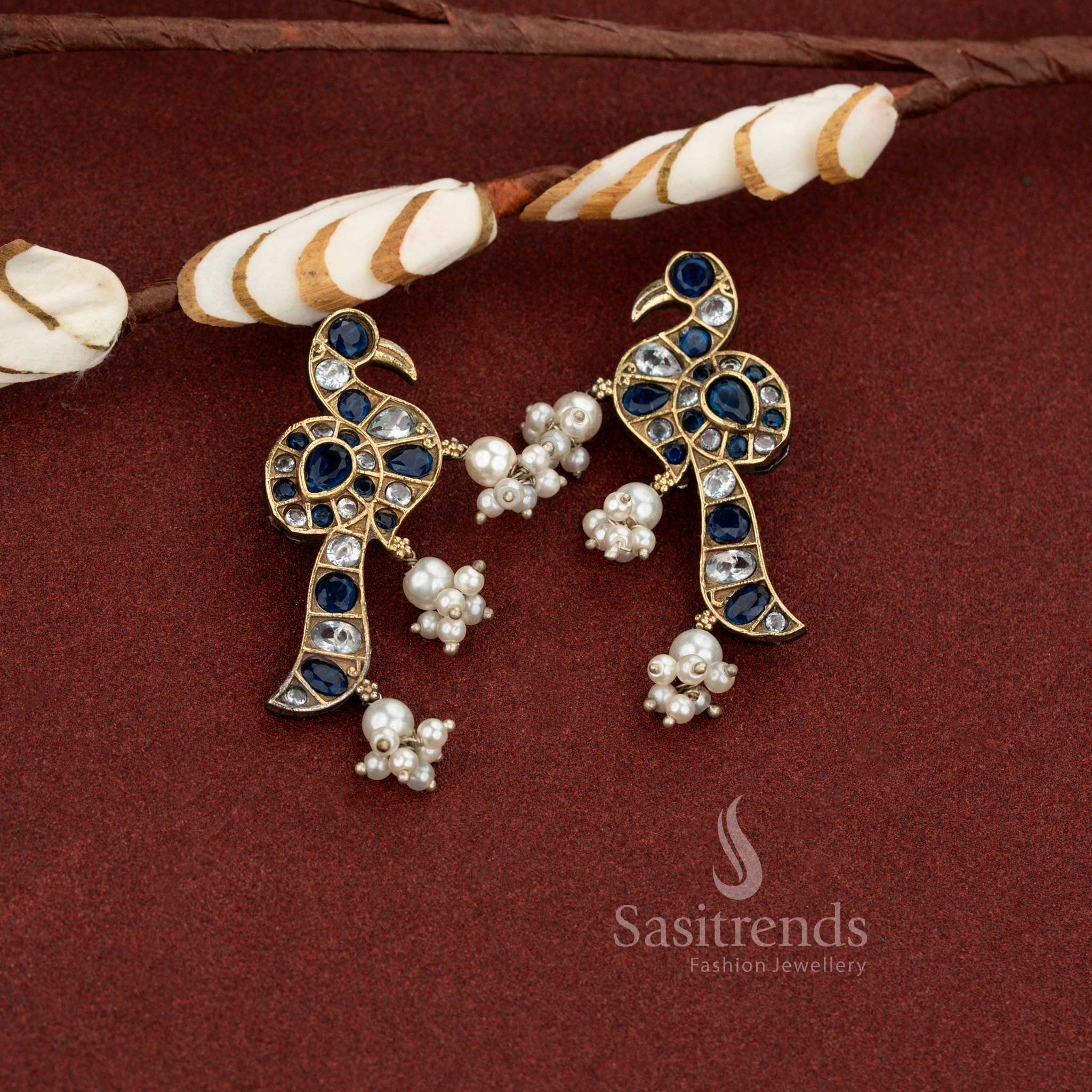 Ocean grace white blue antique oxidised peacock pearl drop stone earrings perfect for cultural events and refined ethnic wear – Sasitrends