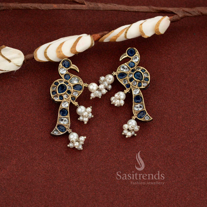 Ocean grace white blue antique oxidised peacock pearl drop stone earrings perfect for cultural events and refined ethnic wear – Sasitrends