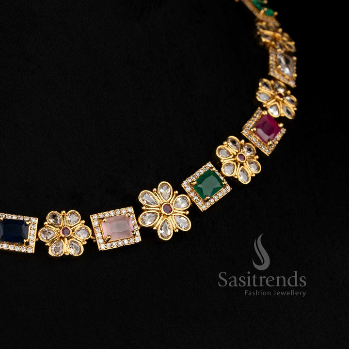 Opulent matte gold plated floral necklace set Multi highlighted with rectangular American Diamond accents, designed to elevate cultural celebrations with refined brilliance – Sasitrends