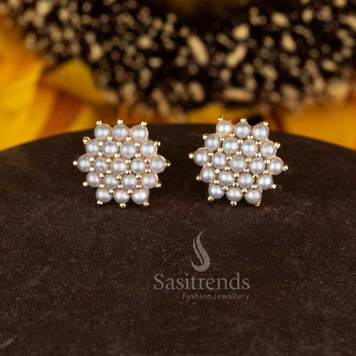 Gorgeous micro gold plated pearl floral circular stud earrings made for festive fashion and subtle sophistication - Sasitrends