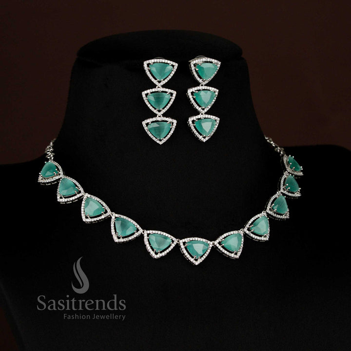 Opulent mint rhodium silver triangular necklace adorned with American Diamonds for wedding ceremonies and grand occasions – Sasitrends