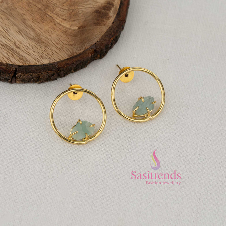 Serene mint round natural stone gold plated earrings crafted for subtle elegance across ethnic ensembles workwear fashion and casual outings - Sasitrends