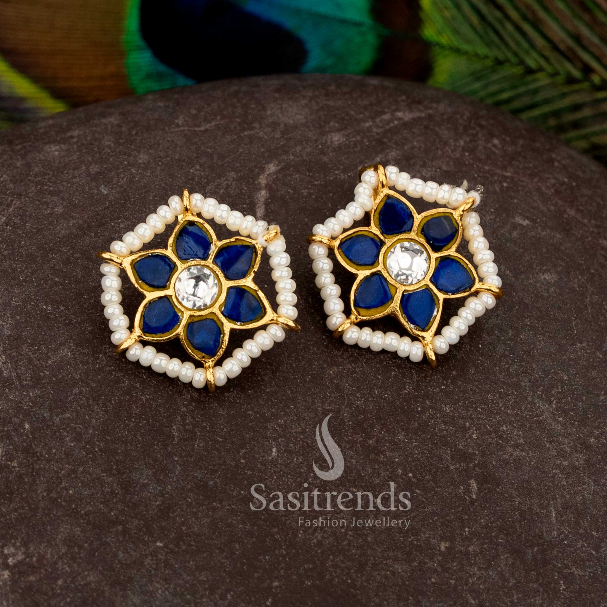 Elegant pearl blue white Jadau gold plated hexagonal pearl Kundan stone bugadi earrings suitable for cultural celebrations - Sasitrends
