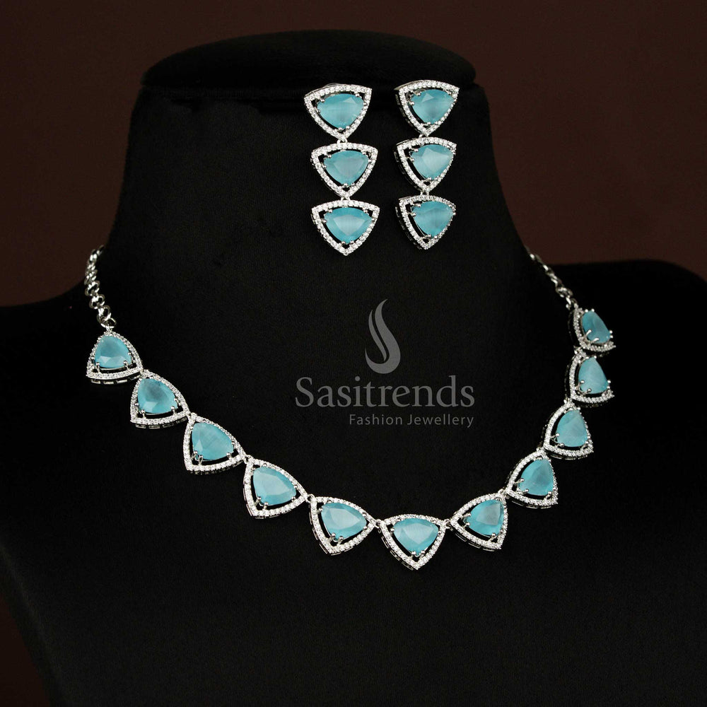 Exquisite sky-blue triangular rhodium silver necklace adorned with American Diamonds for luxury festive celebrations – Sasitrends