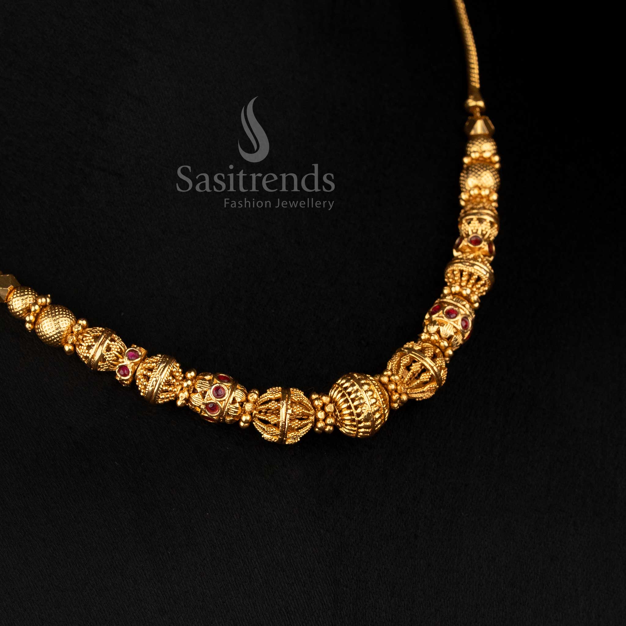 Royal Temple Matte Gold Plated Ball Chain Necklace Displaying Elegant Temple-Inspired Details for Traditional Festive Jewellery Wear – Sasitrends