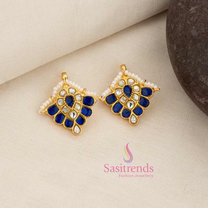 Delightful white-blue Kundan floral petal bugadi earcuff featuring pearl fringe perfect for traditional South Indian festive and ceremonial styling – Sasitrends