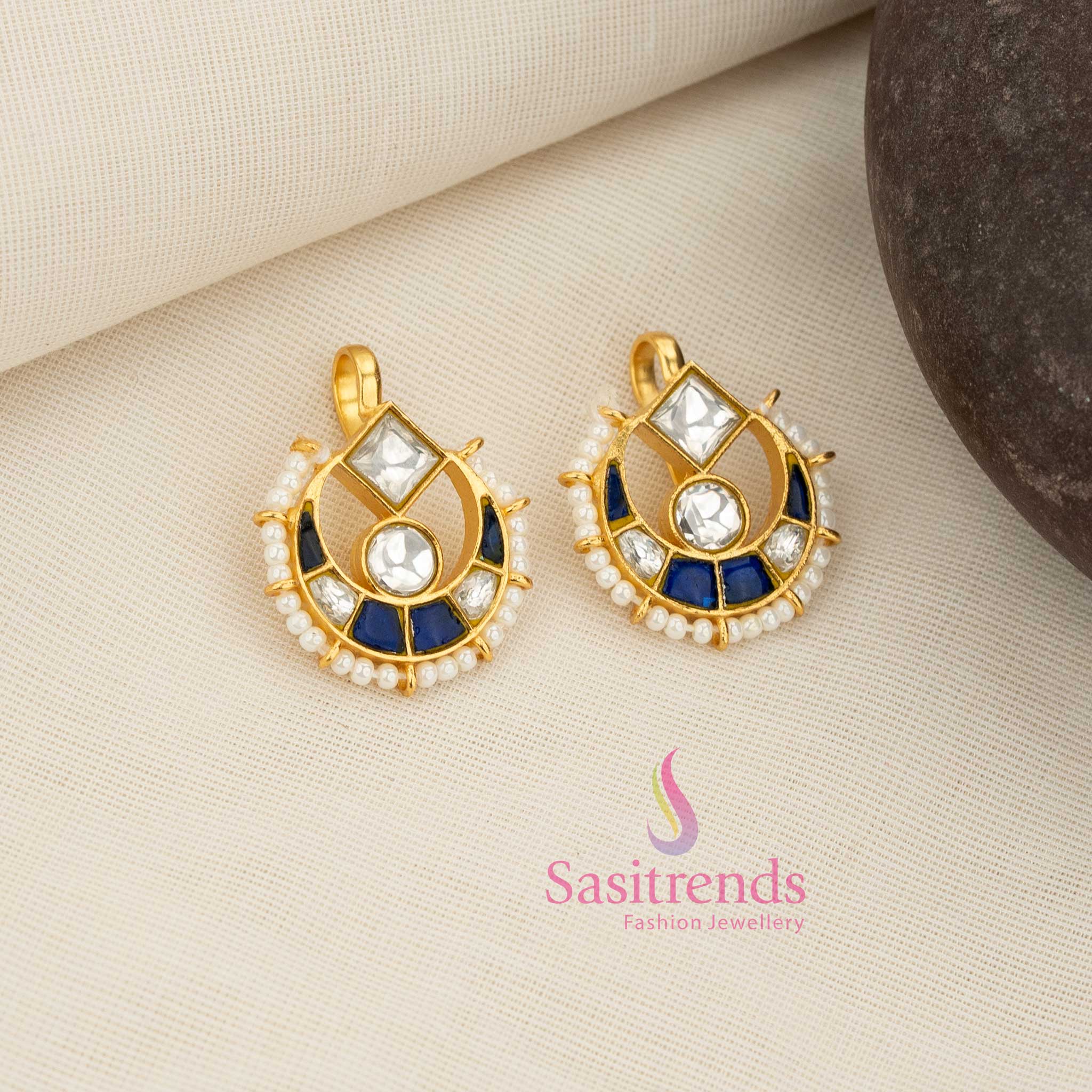 Charming white-blue 24K Jadau Kundan half moon bugadi earcuff earrings with artistic stone top and pearl drop accents, perfect for modern-traditional events, family celebrations and expressive cultural outfits - Sasitrends