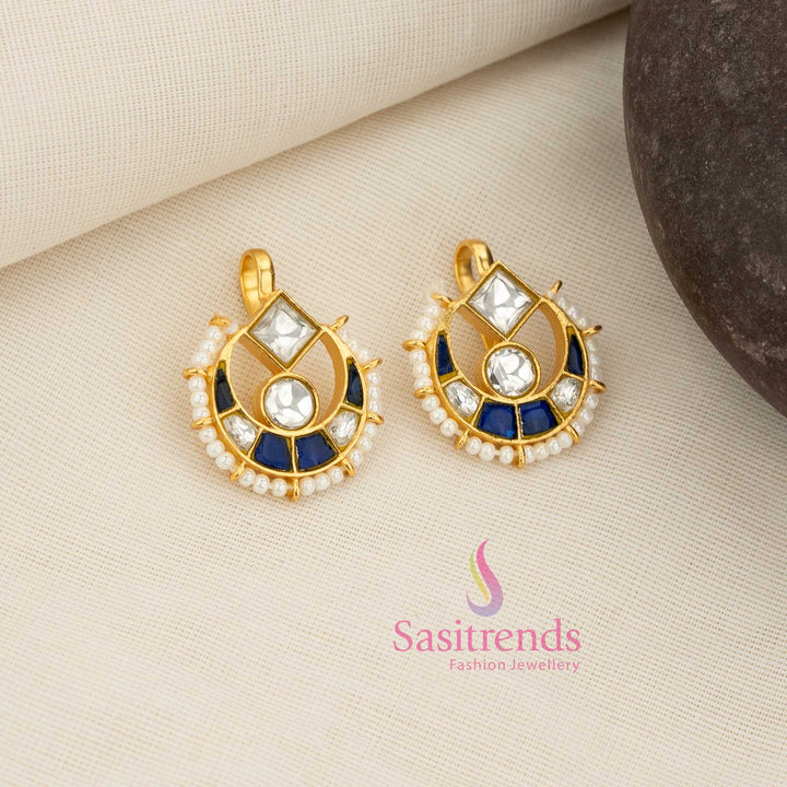 Charming white-blue 24K Jadau Kundan half moon bugadi earcuff earrings with artistic stone top and pearl drop accents, perfect for modern-traditional events, family celebrations and expressive cultural outfits - Sasitrends