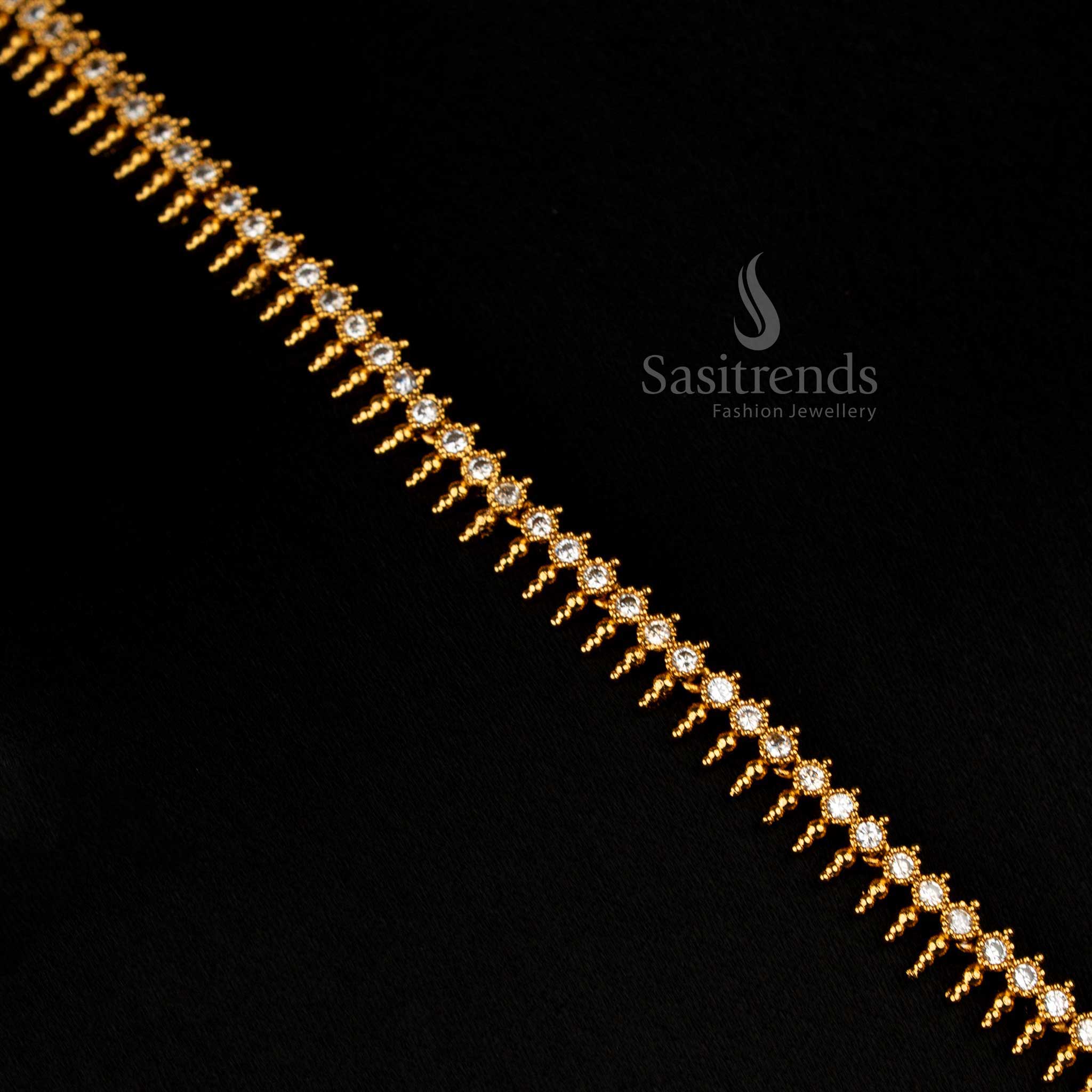Majestic Temple Style Matte Gold Plated Long Necklace Set with AD Stone Studded Circular Floral Design in Pristine White, Ideal for Grand Bridal Ensembles – Sasitrends
