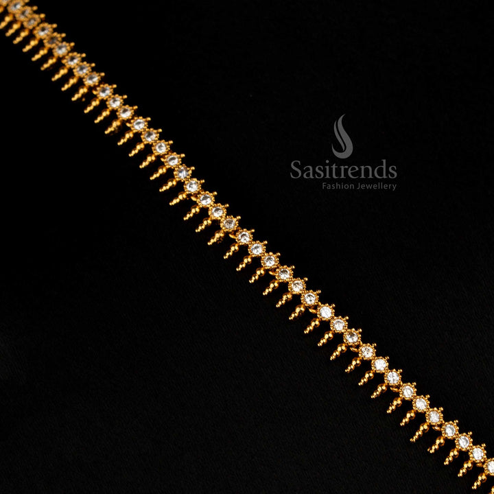 Majestic Temple Style Matte Gold Plated Long Necklace Set with AD Stone Studded Circular Floral Design in Pristine White, Ideal for Grand Bridal Ensembles – Sasitrends